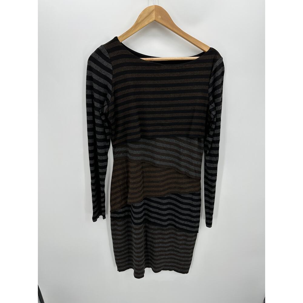 Joseph Ribkoff Gray Black Striped Tiered Sheath Long Sleeve Knee Length Dress 10